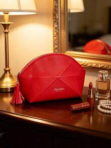 Bright Red Fan‑Shaped Cosmetic Pouch With Tassel Zipper Pull, Large‑Capacity Makeup Storage Bag, Elegant Beauty Organizer, Suitable For Personal Use Or As A Gift - Shiseido Cosmetic Bag - Red - View 3