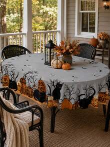 1pc Vintage Black Cat Pumpkin Halloween Polyester Tablecloth, Bat, Bare Tree And Pumpkin Border Print Gothic Rectangular Table Cover For Halloween Party, Haunted House And Home Decor - Multicolor - View 5