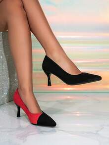 1 Pair Color Block Patchwork Basic Pointed Toe Stiletto High Heel Pumps, Slip-On Open Back Women's Fashion Shoes For Party, Autumn/Winter - Black - View 3