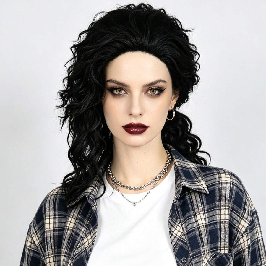 Heat Resistant Synthetic Black Curly Wig, Retro Fluffy Long Wavy Wig, Natural Looking Fake Hair For Fashion Daily Halloween Disco Punk Costume Themed‑Party Cosplay & Photo Shoot - Black - View 1