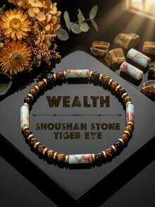 Symbolizing Wealth Shoushan Stone Tiger Eye Beaded Bracelet, Healing Jewelry Attracting Prosperity And Opportunity, Handmade Elastic Waterproof Jewelry Suitable For Beach Vacation - Multicolor - View 6