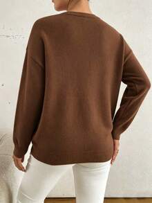 Plus Size Solid Color Casual Crew Neck Button Knit Long Sleeve Pullover Sweater - Brown - View 2