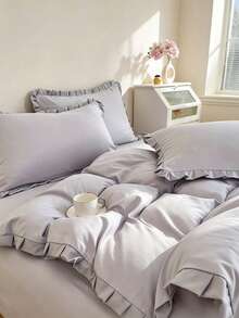 Girl Style Lace Trim Skin-Friendly Soft Comfortable 3 Pieces Duvet Cover Set, Suitable For Bedroom And Guest Room - Light Grey - View 5