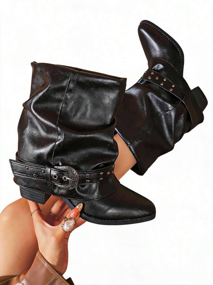 Tropiscape American Vintage Rivet Buckle Slouch Boots Women 2026 New Pointed Toe Chunky Heel Ruched Mid-Calf Western Boots - Black - View 1