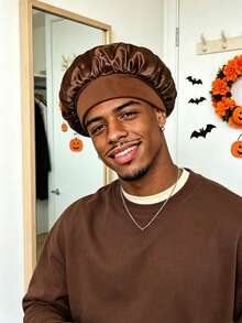 1pc Men's Brown Satin Sleep Bonnet With Halloween‑Vibe A‑Z Alphabet Flame‑Style, Elastic Band Hair‑Friendly Hair Care Accessory For Hair Protection - Brown - View 2