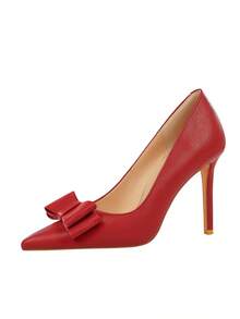 Korean Style Panne Velvet Bow Decor Pointed Toe Slip-On Stiletto Ultra High Heel Women's Shoes - Red - View 10