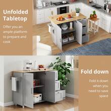 Kitchen Island On Wheels, Rolling Storage Trolley With Foldable Tabletop, 3 Drawers, 2 Doors, Lockable Swivel Wheels, Towel Rack – Versatile For Dining Room & Living Room,135*44(70)*90cm - Grey + MDF - View 4