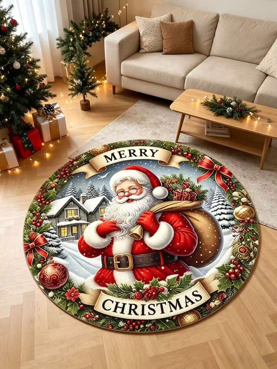1pc Round Santa Claus Gift Rug, Decorative Rug, Bedroom Decor, Small Rug, Rug, Home Decor, Living Room Rug, Living Room Small Rug, Bedroom Rug, Living Room Home Decor, Outdoor Rug, Washable Rug - Multicolor - View 1