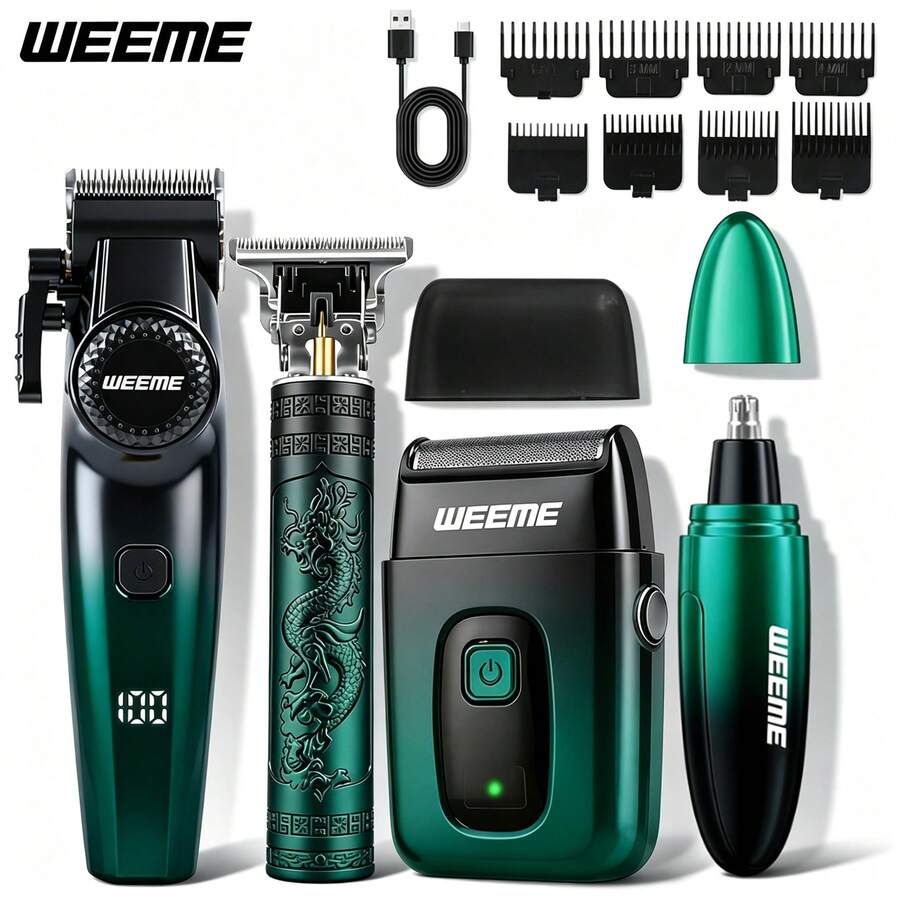 WEEME 4pcs/3pcs/2pcs Men Hair Clipper Set, LED Display Electric Hair Cutting Machine, T9 Outline Trimmer, Electric Beard Shaver, Nose Hair Trimmer, Multifunctional Men Grooming Kit For Home Use - Green - View 1