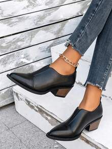 Sepatu Kasual Wanita Ukuran Besar Gaya Retro Inggris Model Slip-On Hak Tinggi Ujung Lancip, Cokelat, Musim Semi/Gugur, Sepatu Pumps Wanita, Sepatu Loafers - Hitam - View 1