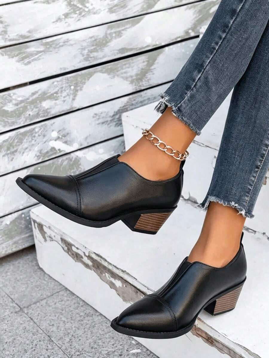 Sepatu Kasual Wanita Ukuran Besar Gaya Retro Inggris Model Slip-On Hak Tinggi Ujung Lancip, Cokelat, Musim Semi/Gugur, Sepatu Pumps Wanita, Sepatu Loafers - Hitam - View 1