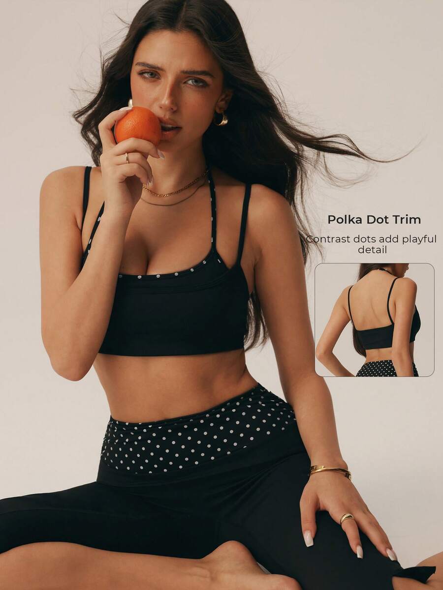 Women's Polka Dot Adjustable Halter Strap 2-In-1 Double Strap Sports Bra, Thick Padded Running Fitness Yoga Training Workout Top - Black - View 1