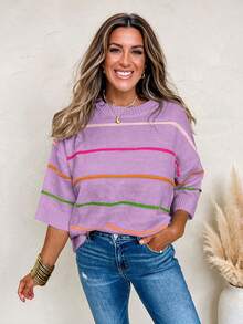 Acelitt Casual Contrast Stripe Off-Shoulder 3/4 Sleeve Ribbed Crew Neck Knit Top, Suitable For All Seasons - Mauve Purple - View 1