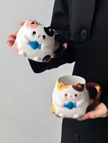 1pc "Cat Catching Fish" Ceramic Coffee Mug, Healing Style Original Hand-Painted Calico Cat Cup, Highly Attractive Water Cup, Cute Design, Suitable For Coffee, Tea, Holiday Gift, Birthday Gift - Multicolor - View 9