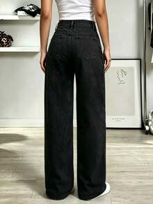 Teen Girls Black Washed Denim Jeans, Girls Casual Loose Wide Leg Straight Leg Jeans - Black - View 5