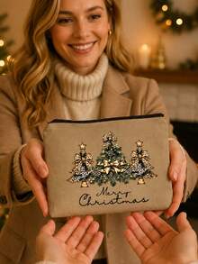 Christmas Tree Printed Makeup Bag, Featuring A Golden Leopard Print Bow On A Pine Tree And The Letters "Merry Christmas",Toiletry Bag,Daily Handbag - Multicolor - View 8
