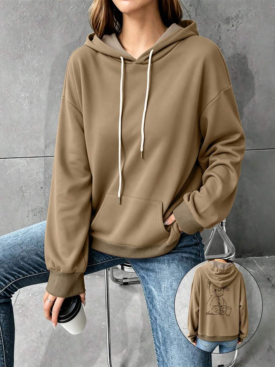 Women's Plus Size Hooded Sweatshirt, Cute Teddy Bear Pattern, Suitable For Comfortable Autumn/Winter Style - Brown - View 1