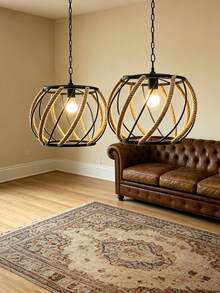 1pc Round Hemp Rope Woven Pendant Light Shade, American Country Style Iron Frame With Linen Inner, Replaceable Lampshade, No Bulb Included, Vintage Home Decor For Living Room And Dining Room - Pocket Lamp Shade - View 2