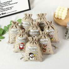 10pcs Christmas Gift Canvas Bags, Christmas Print Drawstring Gift Bags, Holiday Decor Gift Bags, Random Patterns, Christmas Decoration Home Supplies - Multicolor - View 2