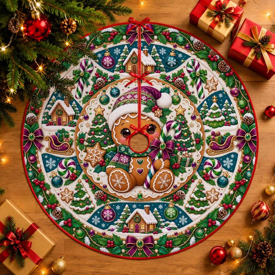 1pc Cute Gingerbread Girl Pattern Christmas Tree Skirt, Elegant Color Holiday Decoration, 5 Sizes, Unisex Holiday Gift, Suitable For Home And Party Christmas Decor - Gingerbread Girl - View 1