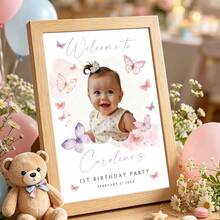 1pc Personalized Butterfly Birthday Welcome Sign, Customized Photo Name Date Poster, Pink Butterfly 1st Birthday Welcome Poster, Large Birthday Poster, Girl Birthday Party Decoration Souvenir, Any Age, Printed Photo, Frameless - Multicolor - View 1