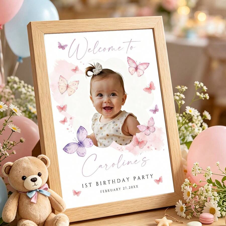 1pc Personalized Butterfly Birthday Welcome Sign, Customized Photo Name Date Poster, Pink Butterfly 1st Birthday Welcome Poster, Large Birthday Poster, Girl Birthday Party Decoration Souvenir, Any Age, Printed Photo, Frameless - Multicolor - View 1