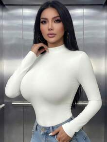 女款休閒立領修身長袖T恤，適合日常穿著、秋冬、外出，白色上衣 - 白色 - 查看 1