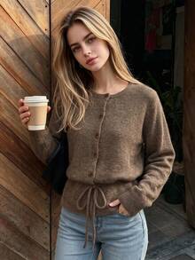 Autumn Women Brown Knit Cardigan Round Neck Button Front Drawstring Waist Long Sleeve Casual Tops Elegant Vacation Going Out Outfits For Women - Brown - View 8