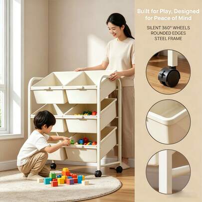9/6‑Bin Kids Toy Storage Unit With Wheels, Mobile Children's Play Organiser Trolley, Open Tilt‑Out Storage Drawers, Bedroom Playroom Toy Shelving