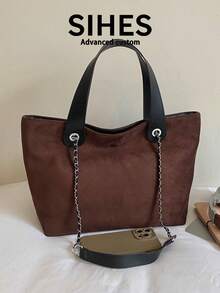 1pc Solid Color Suede New Women's Backpack, Shoulder Bag, Handbag, Fashion Large Capacity Tote Bag, Suitable For Commuting, Shopping, Dating, Shopping - Coffee - View 11