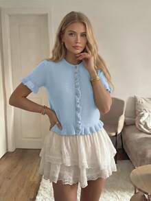 Women's Spring/Autumn Loose Vintage Fashion Short Sleeve Knit Cardigan, With Ruffle Design And Metal Buttons, Elegant Soft Sweater - Blue - View 11