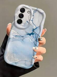 1pc Cream Blue White Ink Marble Ocean Wave Phone Case, White Frame Shockproof Soft TPU Protective Cover, Compatible With GALAXY, HONOR, Phones - White - View 1