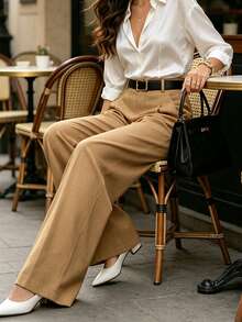 DONICY Women Elegant High Waist Pleated Wide Leg Pants Fall Casual Loose Draped Trousers - Khaki - View 1