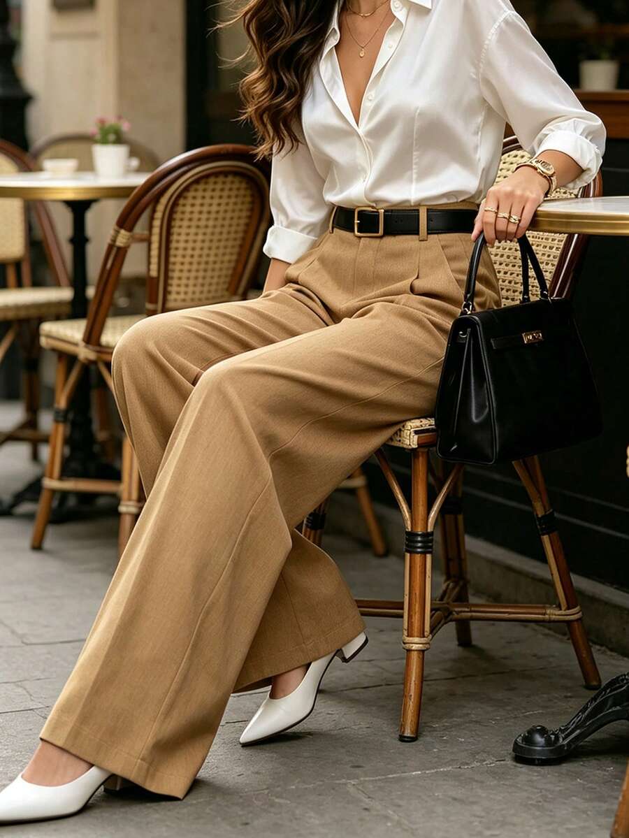 DONICY Women Elegant High Waist Pleated Wide Leg Pants Fall Casual Loose Draped Trousers - Khaki - View 1