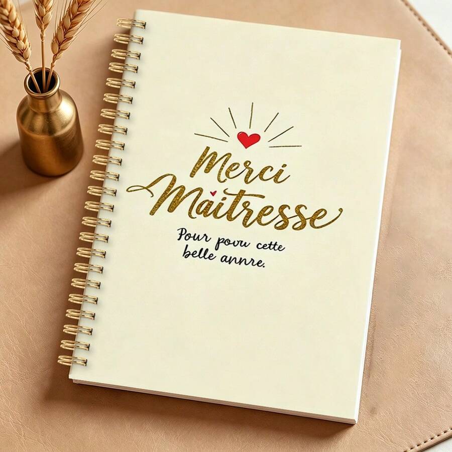 DANPERJI 1本 A5 優雅法式「Merci Maitresse」螺旋筆記本,金色米色設計配愛心裝飾,教師感謝禮物,開學季、大學與辦公室文具 - Merci Maitresse - 查看 1