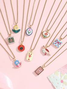 1pc Vintage Cute Animal & Floral Pendant Gold Thin Necklace, Adorable Cartoon Pattern Neck Accessory Suitable For Daily Wear - Multicolor - View 1
