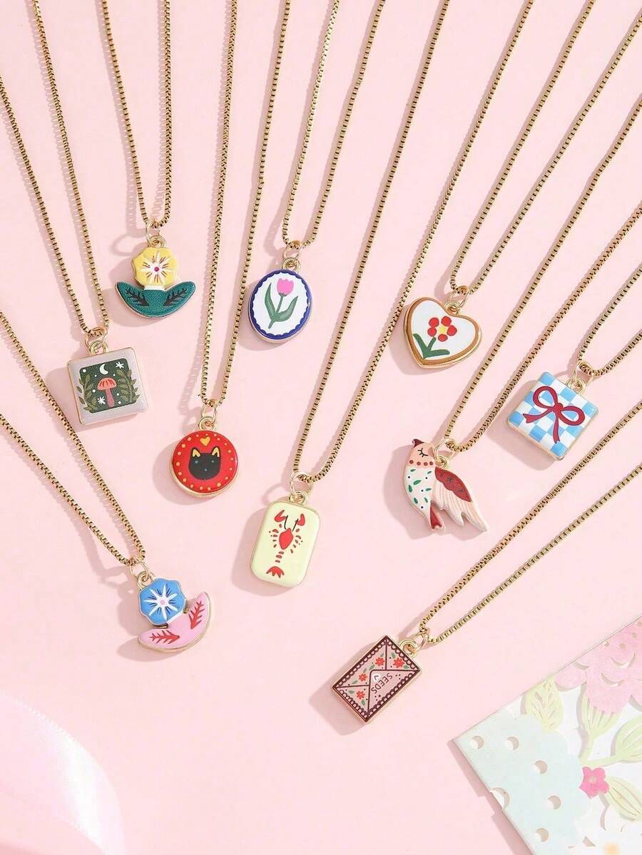 1pc Vintage Cute Animal & Floral Pendant Gold Thin Necklace, Adorable Cartoon Pattern Neck Accessory Suitable For Daily Wear - Multicolor - View 1