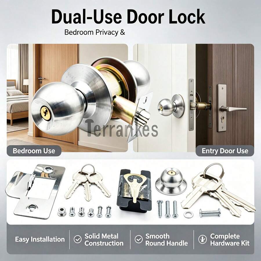 304 Stainless Steel Invisible Door Lock, Double-Sided Hidden Handle Lock With Round Handle, Embedded Invisible Door Hardware, Suitable For Interior Doors, Home And Office