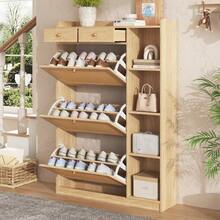 Slim Rattan Shoe Cabinet With 3 Flip-Down Compartments, Adjustable Shelves, 2 Drawers, And Side Open Storage, 90*24*130 Cm - Natural Color - View 2