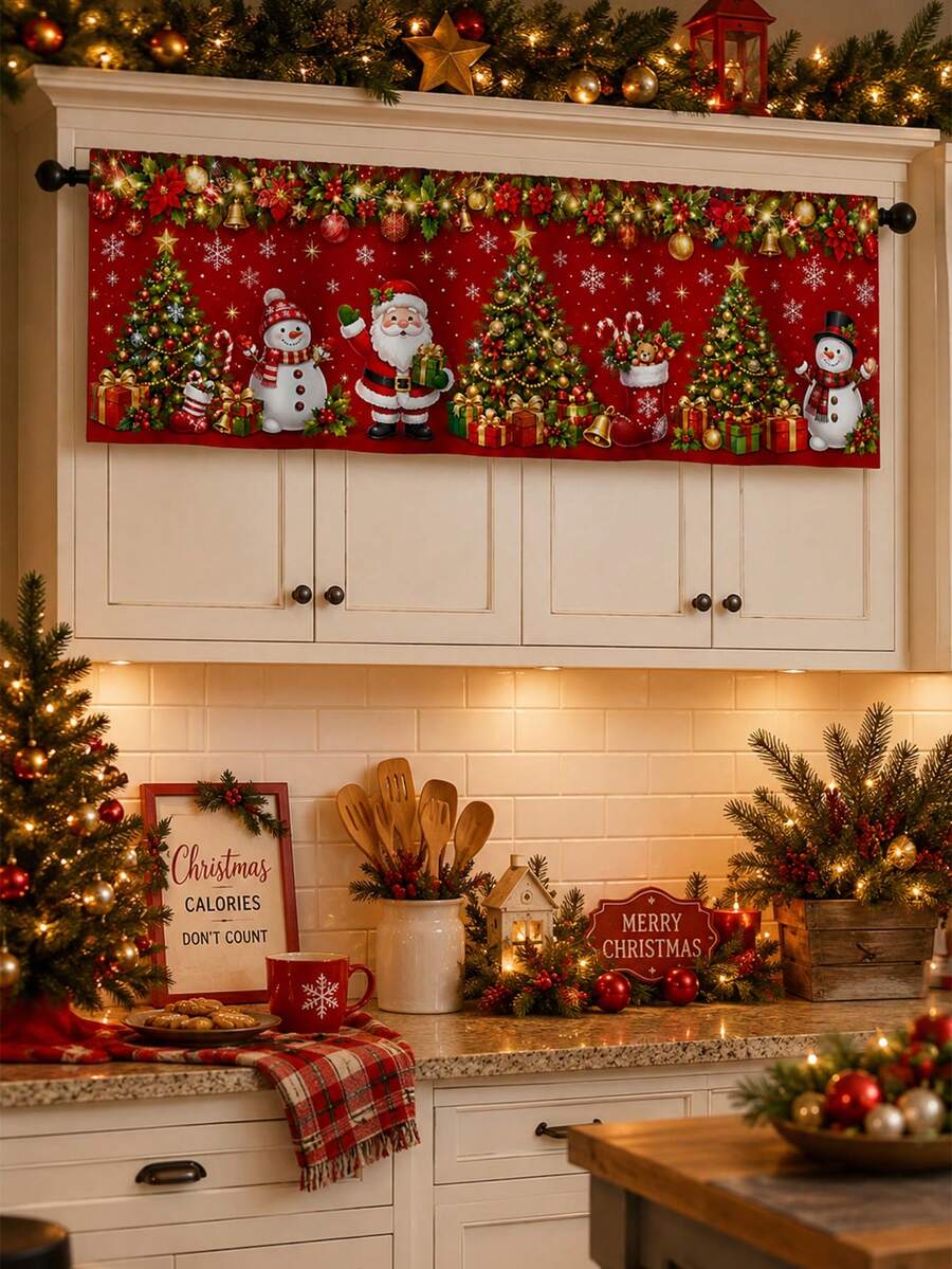 1pc Christmas Red Santa Snowman Tree Window Topper, Traditional American Holiday Style Polyester Rectangular Rod Pocket Short Valance With Evergreen Garland, Ornaments And Snowflake Print, Kitchen Dining Room Decor - Multicolor - View 1