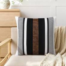 1pc Modern Minimalist Black White Brown Vertical Stripe Patchwork Pillow Case, Faux Leather Decor Geometric Line Pattern Square Decorative Cushion Cover, Suitable For Sofa Bedroom Farmhouse Style Home Decor, Pillow Insert Not Included - Black - View 5