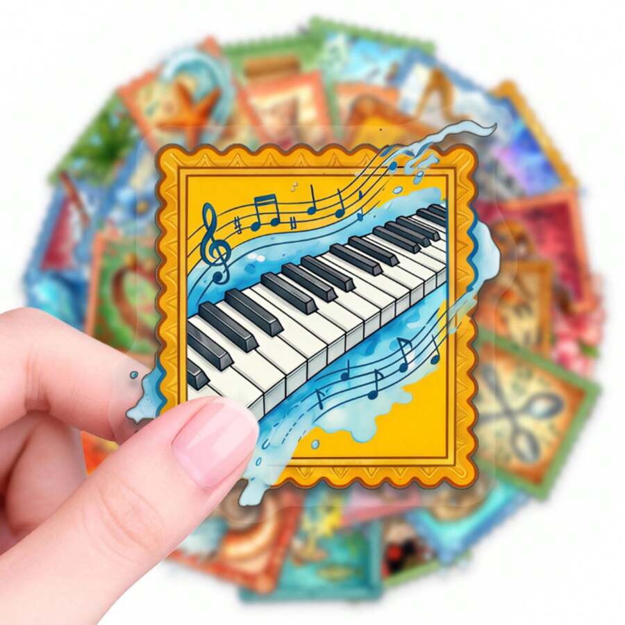 50pcs Vintage Postage Stamp Style Ocean Music Doodle Stationery PET Stickers, Suitable For Party Decoration, Business, Handmade DIY And Reward Charts, Reward Doodle Stickers - Multicolor - View 1