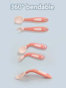 1 Pair/2pcs PP Material Flexible Twist Fork & Spoon For Baby Self-Feeding Training - Pink - View 3