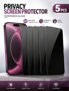 5PCS Anti-Spy Privacy Screen Protector, Scratch Resistant Tempered Glass Full Coverage Glass Compatible With 18 17 16 15 14 13 12 11 Pro Max XR X XS Max Plus Anti-Fingerprint Phone Protective Mobile Screen Protector Film, Shockproof - Black - View 1
