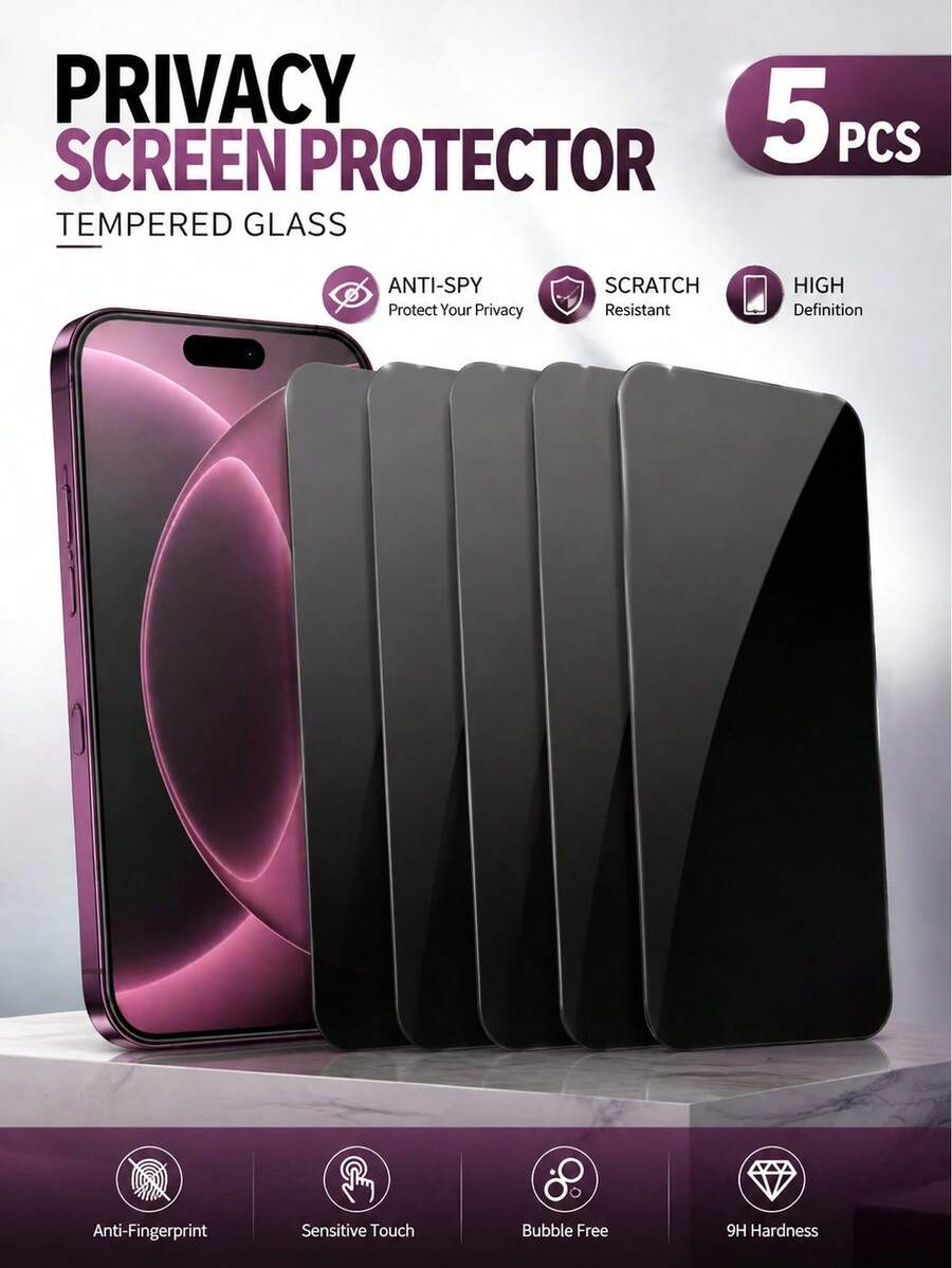 5PCS Anti-Spy Privacy Screen Protector, Scratch Resistant Tempered Glass Full Coverage Glass Compatible With 18 17 16 15 14 13 12 11 Pro Max XR X XS Max Plus Anti-Fingerprint Phone Protective Mobile Screen Protector Film, Shockproof - Black - View 1