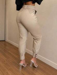 Versatile Casual Korean Style High Waist Drawstring Cargo Pants - Khaki - View 3