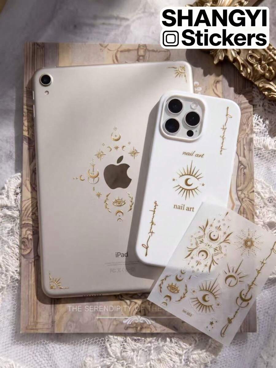 2 Styles Gold Foil Star & Moon Symbol Mysterious Totem Pattern Decorative Stickers, Vintage Exotic Style, Self-Adhesive Firm Attachment, Digital Shell And Various Item Surface Decoration, Textured Decorative Stickers - Decorative Stickers - View 1