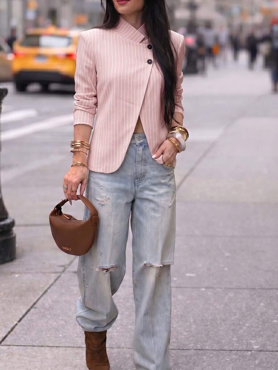 Women's Spring/Summer Striped Casual Blazer - Vintage Elegant, With Sophisticated And Powerful Professional Aura (Unlined)
