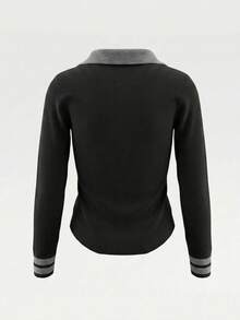 Korean Style Contrast Color Button Long Sleeve Top Women Autumn/Winter Design Slim Fit Flattering Versatile Knit Sweater - Black - View 7
