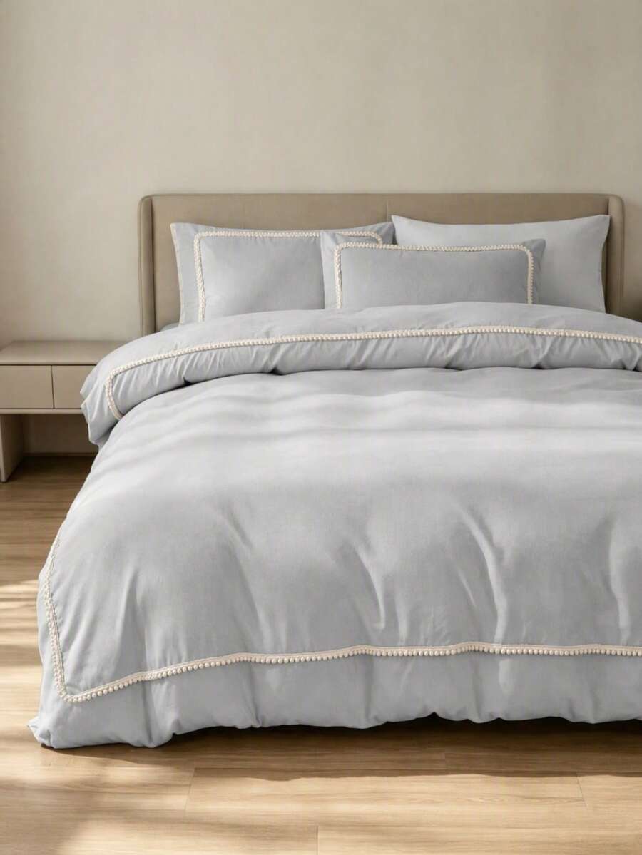 3pcs Skin-Friendly Soft Comfortable Grey Inner Frame Pom Pom Lace Craft Duvet Cover Set (1*Duvet Cover + 2*Pillowcases, Core Not Included), French Country Style, Lady Style, Girly Style, Bohemian Rural Style, Suitable For Bedroom, Guest Room, Boys And Girls Bedding, Machine Washable, All Season Use - Grey - View 1